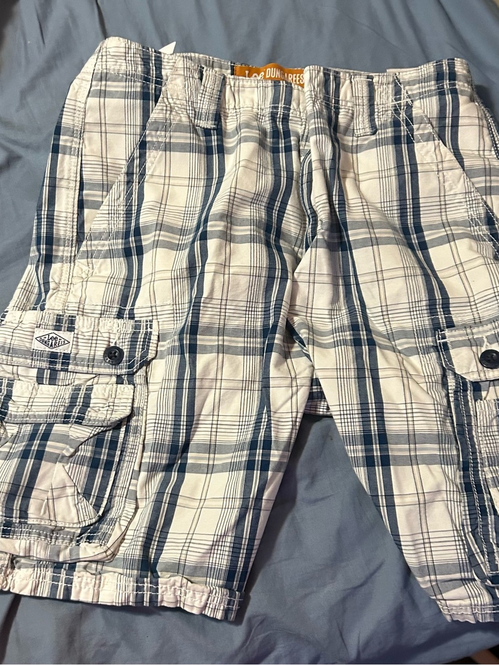 Lee Men's White and Blue Plaid Cargo Shorts